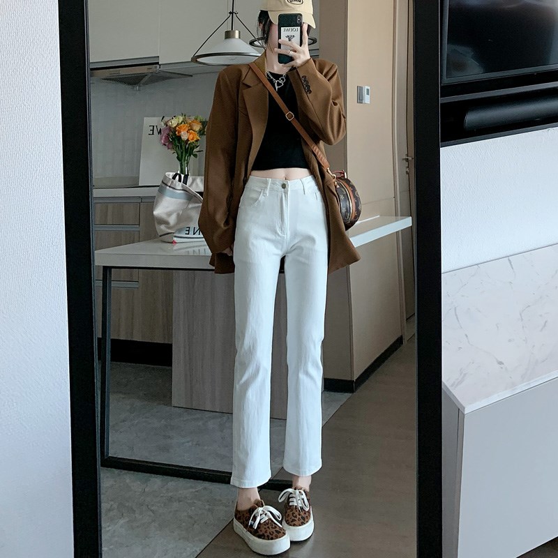 白色直筒牛仔裤女裤小个子春秋装新款女装秋冬高腰加绒烟管裤子