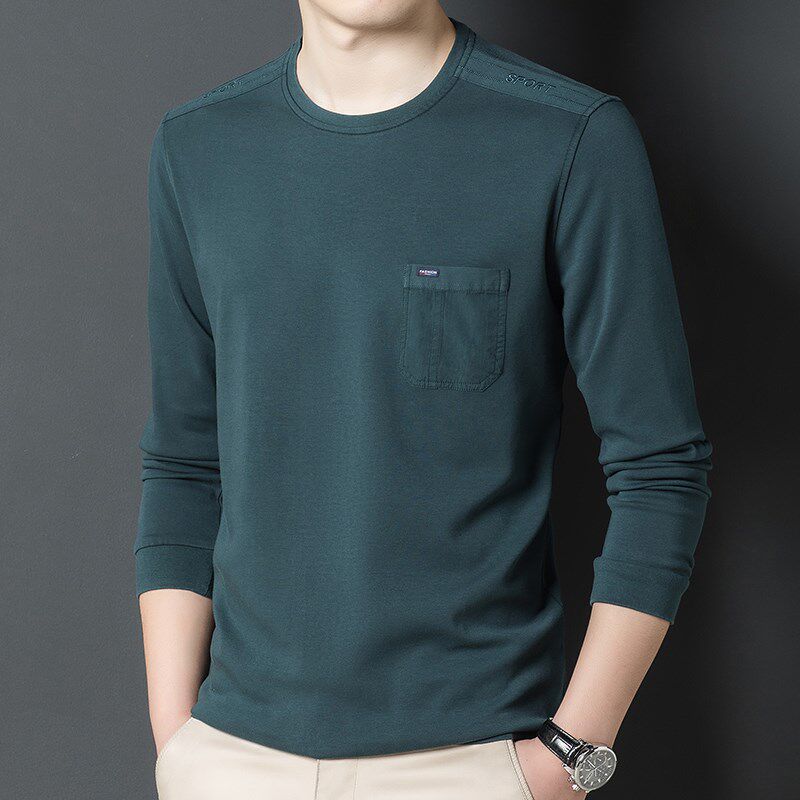 春秋纯棉t恤男士长袖圆领秋季薄款男装卫衣中年爸爸休闲夏装上衣