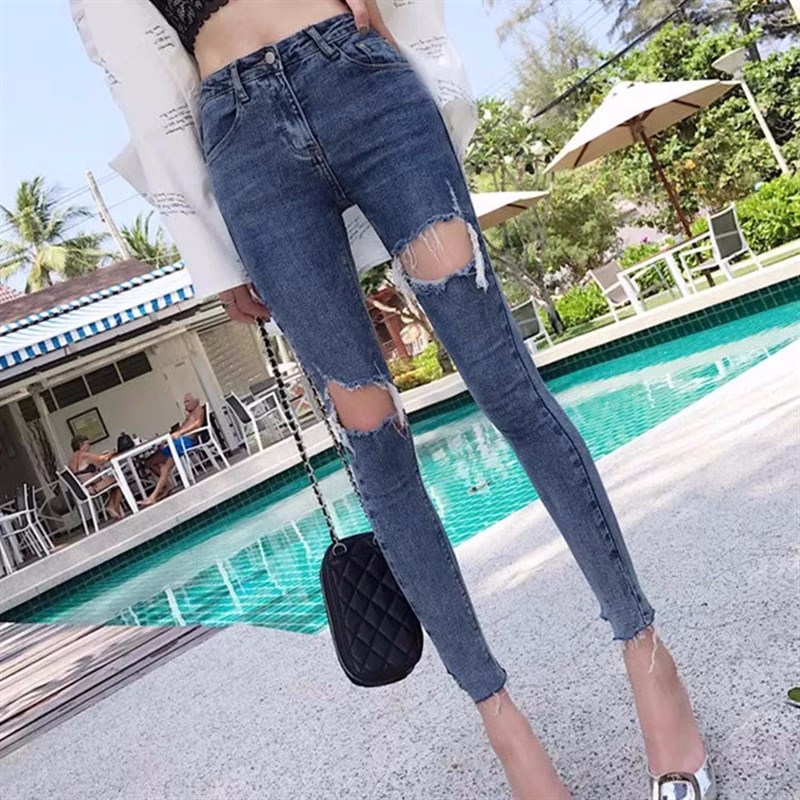 夏季乞丐破洞牛仔裤女高腰显瘦弹力修身紧身小脚裤时尚百搭九分裤