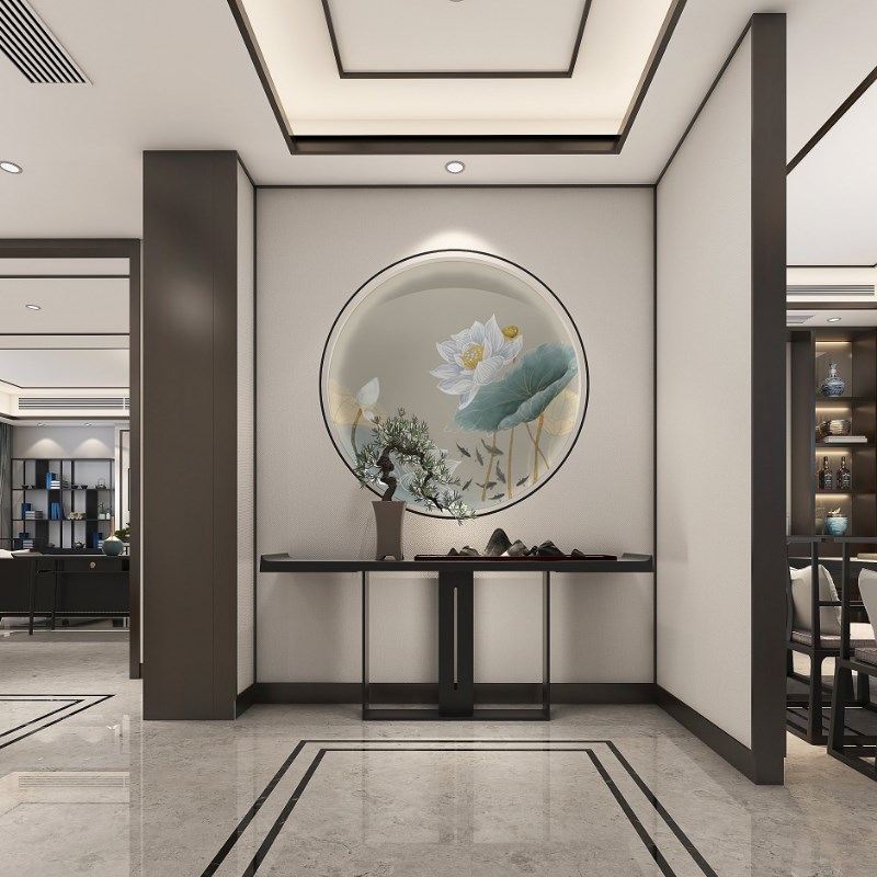 九鱼图圆形玄关装饰画进门走廊过道客厅餐厅背景墙壁画画芯壁纸3d图片