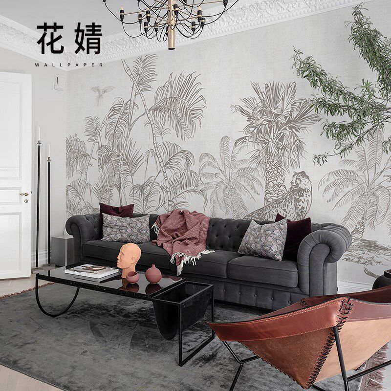法式墙纸棕榈叶动物电视背景墙壁纸定制壁画现代客厅卧室创意墙布