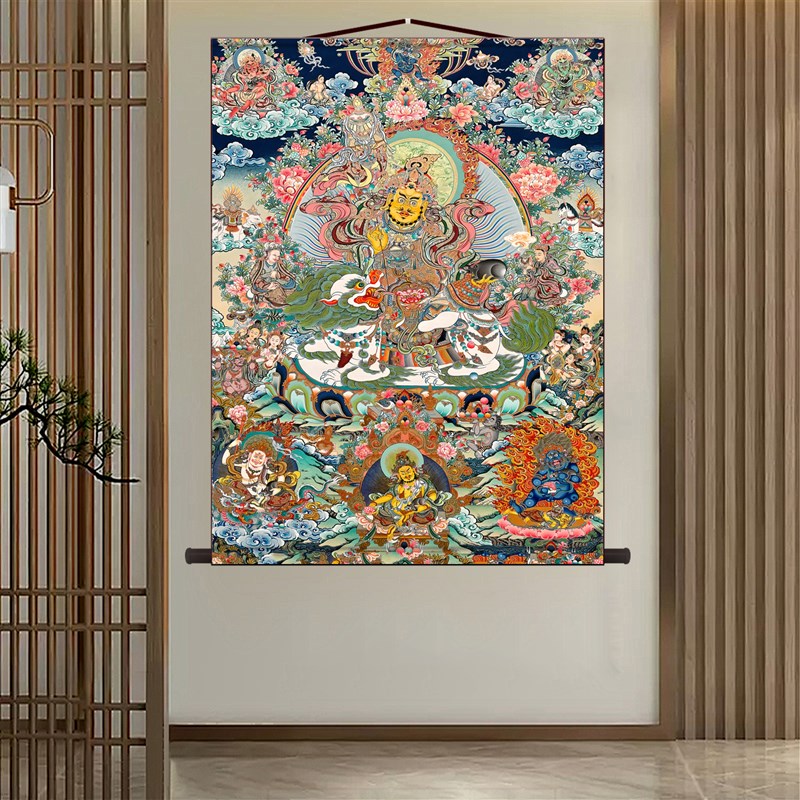 财宝天王 财宝天团西藏热贡精品手绘复制客厅玄关丝绸装饰挂画