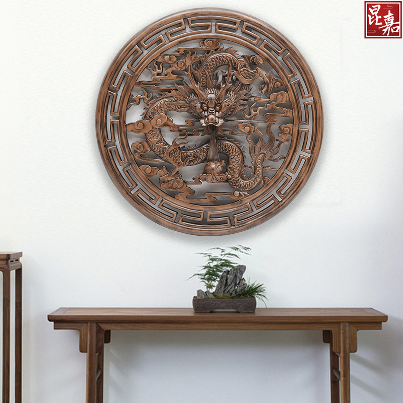 东阳木雕圆形香樟木镂空雕刻挂件客厅玄关壁挂件背景墙装饰画