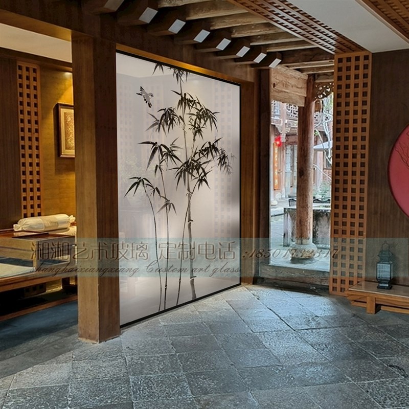 入户玄关隔断屏风玻璃中式风格鸟语花香竹报平安墨竹彩绘夹绢夹丝