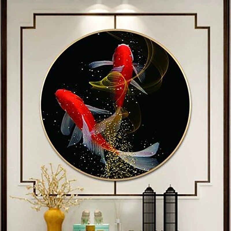九鱼图入户玄关装饰画轻奢圆形餐厅挂画客厅壁画现代高档招财锦鲤图片