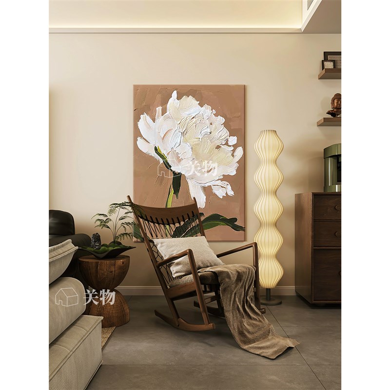 侘寂风白色牡丹花朵肌理手绘油画餐厅挂画花开富贵客厅玄关装饰画图片