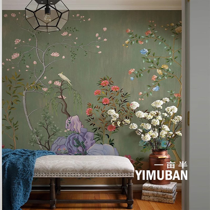 美式轻奢客厅背景墙纸壁布柠檬花卉定制壁画全屋卧室装饰墙布壁纸图片