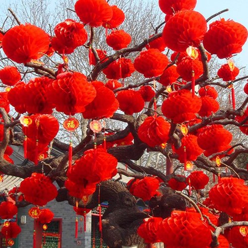 新年装饰春节大红连串纸灯笼蜂窝塑料防水节日喜庆典开业元旦布置