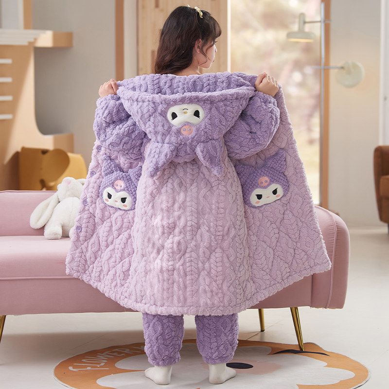 女童三层夹棉睡袍套装秋冬款2023新款儿童睡衣冬季加绒加厚款睡袄