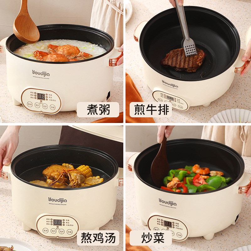 110V电煮锅出口小家电多功能宿舍双层电火锅蒸煮一体智能定时炒锅
