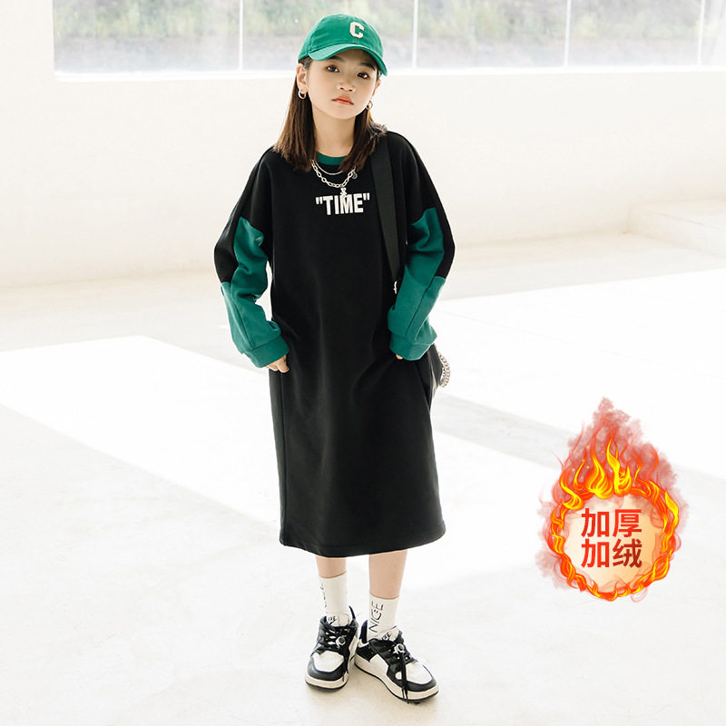 女童卫衣裙2024春秋季新款长款卫衣长裙加绒拼色宽松连衣裙洋气潮