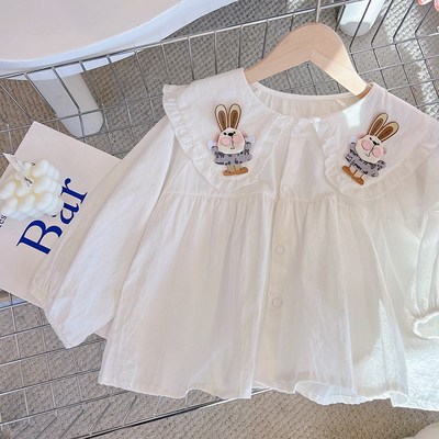 2024新款纯棉女童衬衫衬衣春秋长袖立体兔子娃娃领花边洋气公主衫