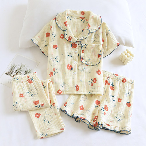 米筱米女童夏季薄款全棉睡衣套儿童纯棉纱布短袖长裤三件套家居服