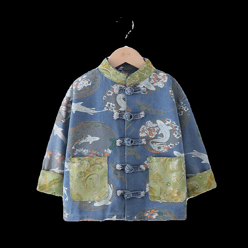 新中式童装国风汉服男童牛仔外套春秋季儿童唐装长袖上衣男孩国潮