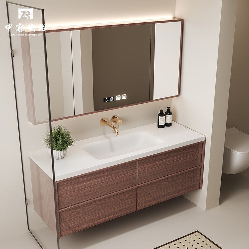 中古风骨骼线丽耐岩板热弯无缝一体盆浴室柜洗脸洗漱台定制