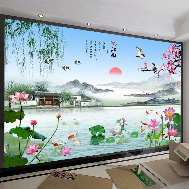 电视背景墙布D立体无缝壁画山水画荷鸟客厅沙发墙壁纸江南风景