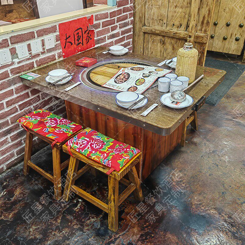东北大加厚岩板桌铁锅炖灶台桌无烟烧电炉一体农家乐卡座