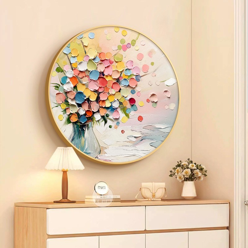 轻奢玄关走廊圆形装饰画抽象花卉客厅沙发背景墙挂画卧室餐厅壁画图片