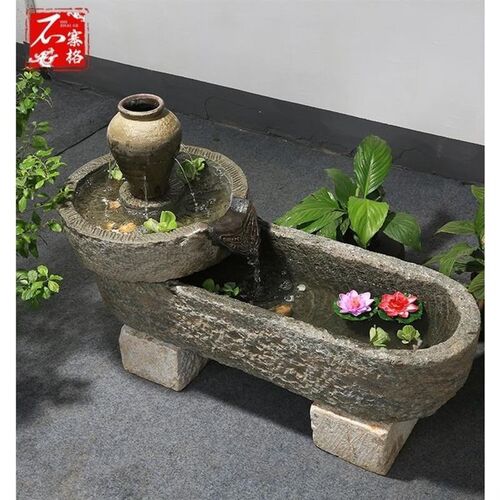 石磨流水石槽鱼缸阳台石盆造景古旧石器创意瓦罐喷泉流水景观