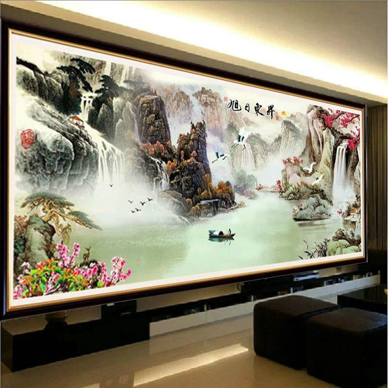 纯手工十字绣成品旭日东升财源版风景山水画财源滚滚新款客厅挂画
