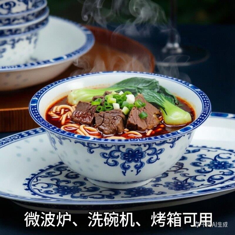 景德镇青花陶瓷中式家用碗碟餐具套组饭碗装泡面碗汤碗骨碟瓷碗盘