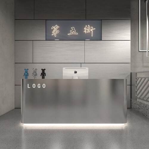 服装店简约现代不锈钢吧台收银台理发店美容院SPA馆轻奢弧形前台