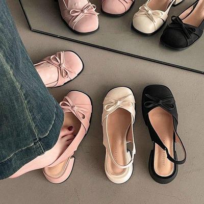 时尚部落粉色玛丽珍女粗跟2025年夏季新款蝴蝶结绸缎包头后空凉鞋