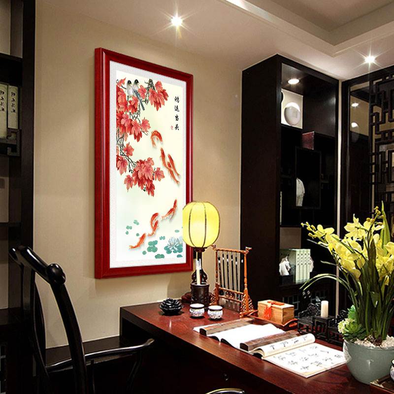 现代竖玄关装饰画寓意国画走廊挂画九鱼图鸿运当头枫叶挂画