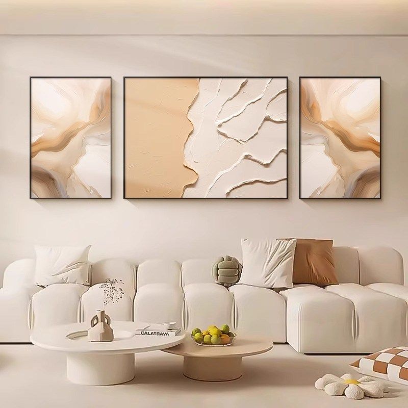 奶油风客厅装饰画抽象艺术沙发背景墙挂画高级肌理感墙面三联壁画,家居饰品,现代装饰画,淘宝优惠券,粉丝福利购,淘宝优惠卷
