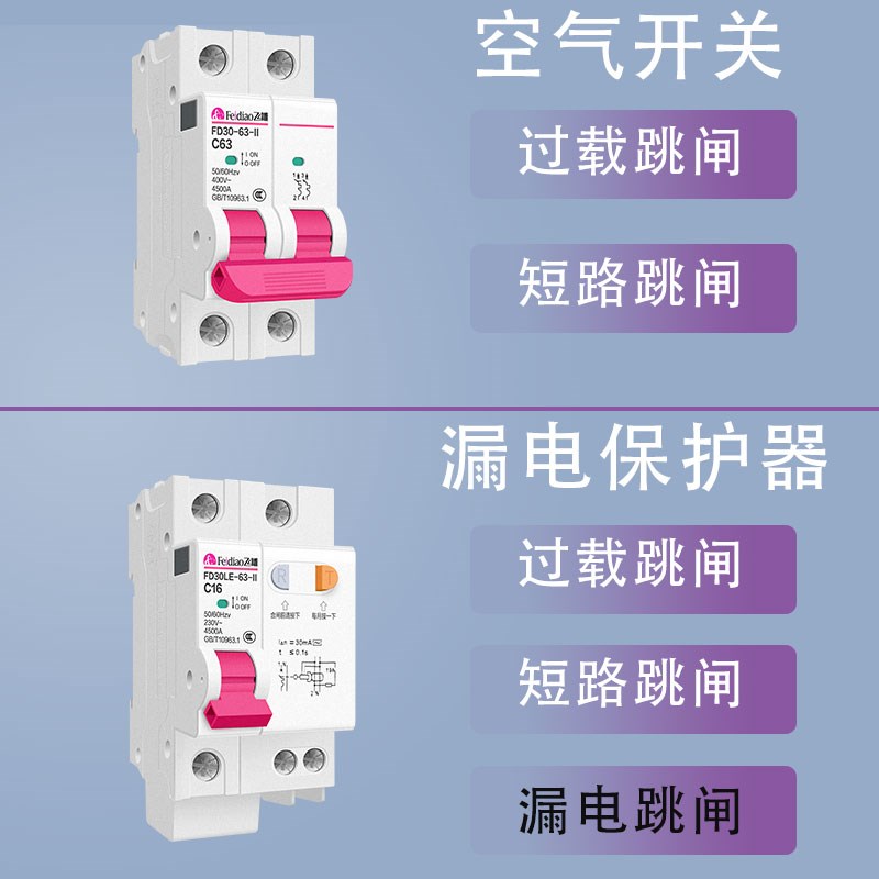 飞雕空气开关带漏电保护器家用断路器总开关电闸1P2P16A32A63A