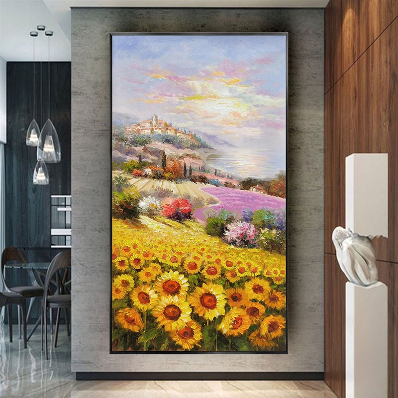 手绘油画玄关装饰画立体向日葵田园风景客厅走廊竖现代挂画