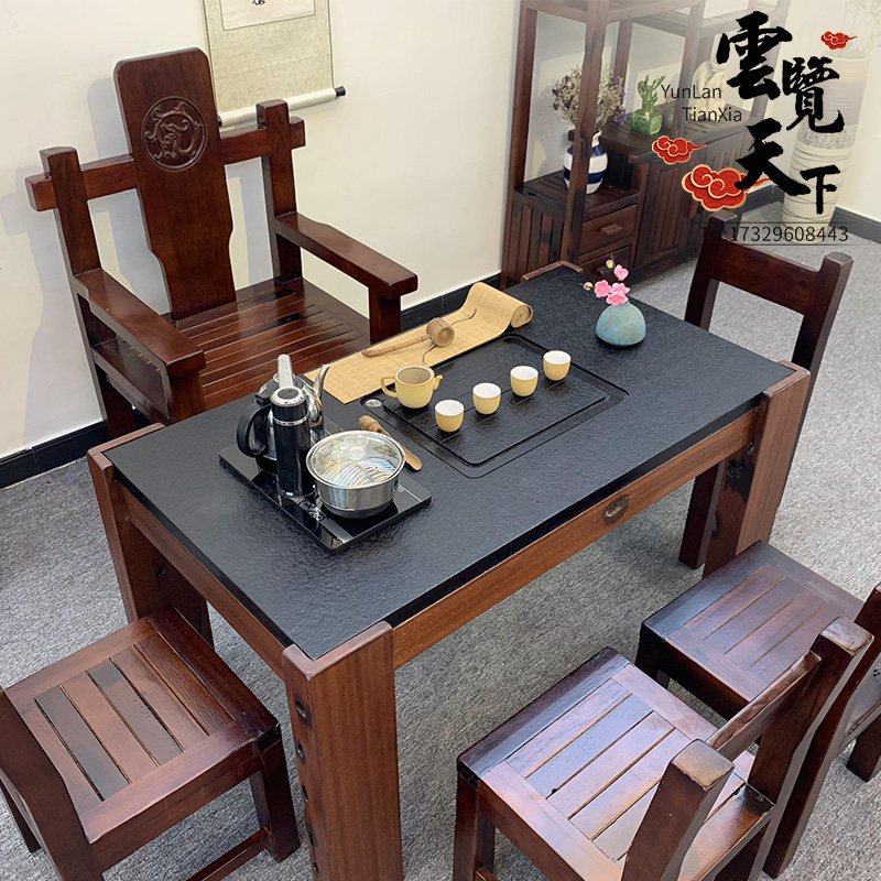 老船木茶桌椅火烧石实木功夫茶台阳台小茶几茶具装一体