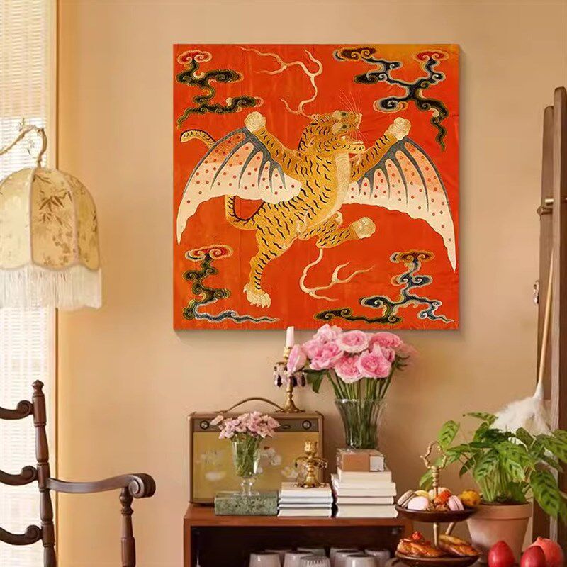 如虎添翼中装饰画新寓意客厅挂画复古卧室壁画