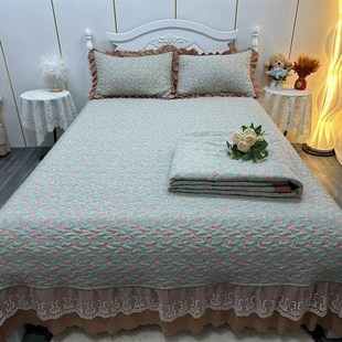 通用 A类水洗棉麻床盖三件套床裙款 韩版 花边防滑夏被四件套四季 款