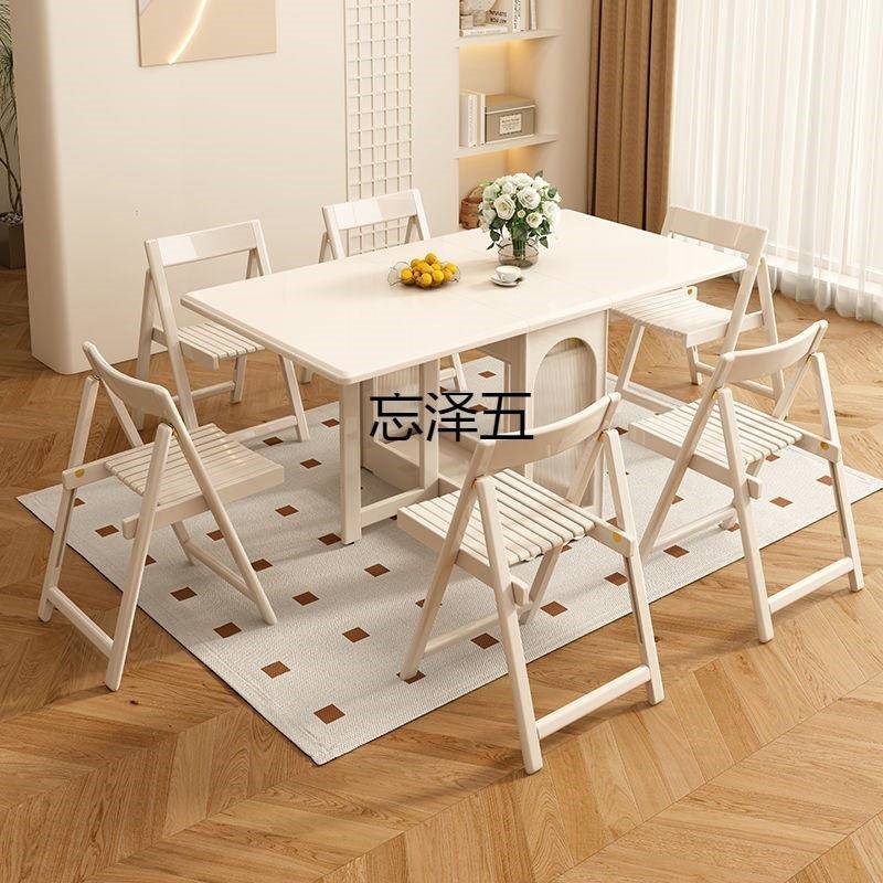 ws白色实木折叠餐桌一体餐边柜小户型奶油风伸缩吃饭桌多功能可移