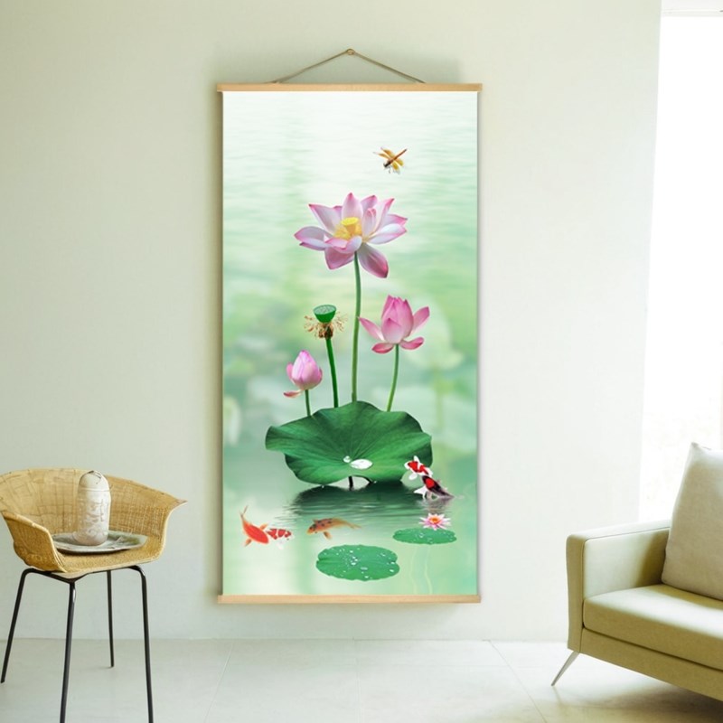 新款现代简约风装饰画客厅玄关卧室挂画走廊荷花莲花卷轴布艺画图片