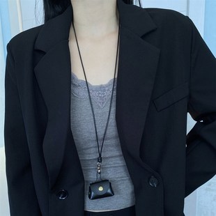 皮绳毛衣链耳机保护套可斜挎 迷你皮质零钱包包挂脖项链女小巧长款