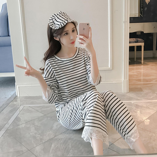 145cm矮小个子女生秋季XXS码长袖睡衣条纹送眼罩棉上衣+长裤套装t