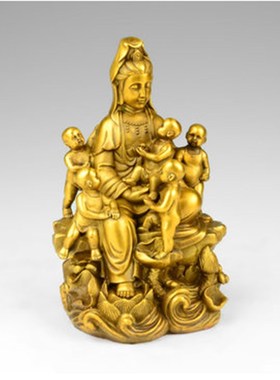 铜五子观音菩萨佛像供奉家用居家客厅大号摆件纯铜坐莲观世音送子