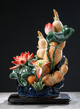 石湾陶瓷公仔招财客厅摆件家居玄关电视柜莲藕装饰品《节节高升》