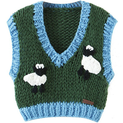 全手工针织衫毛衣女2021早秋立体小绵羊V领宽松百搭显瘦短款背心