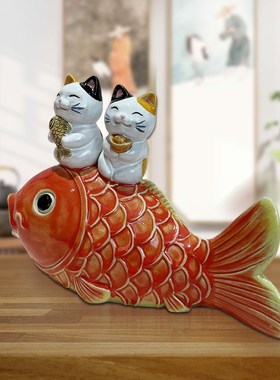 招才锦鲤家居中秋电视柜创意陶瓷小摆件博古柜展柜玄关柜石湾公仔