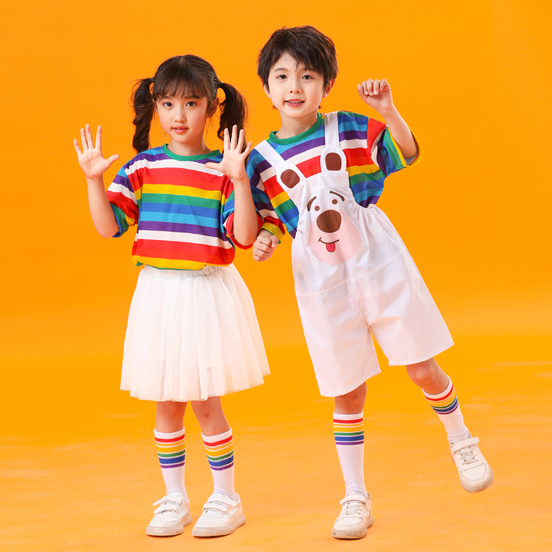儿童啦啦队演出服六一幼儿园舞蹈表演服可爱背带裤毕业照合唱班服