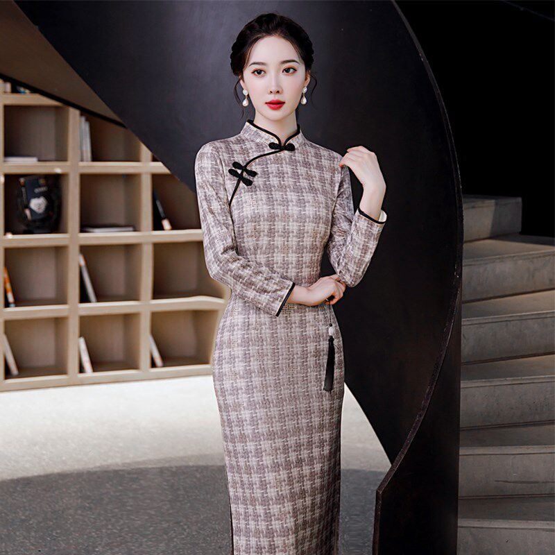 秋季格子麂皮绒旗袍改良连衣裙中年女日常妈妈装宴会中长款礼服裙