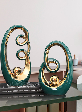 创意家居轻奢风艺术装饰品摆件独特圆圈造型陶瓷制品电镀工艺上色