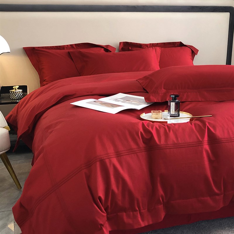 罗兰生活婚庆牀单婚嫁牀上用品纯棉新婚大红色100支长绒棉四件套
