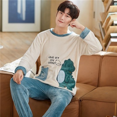 冬季珊瑚绒睡衣男生加厚加绒保暖家居服法兰绒男士秋冬款两件套装