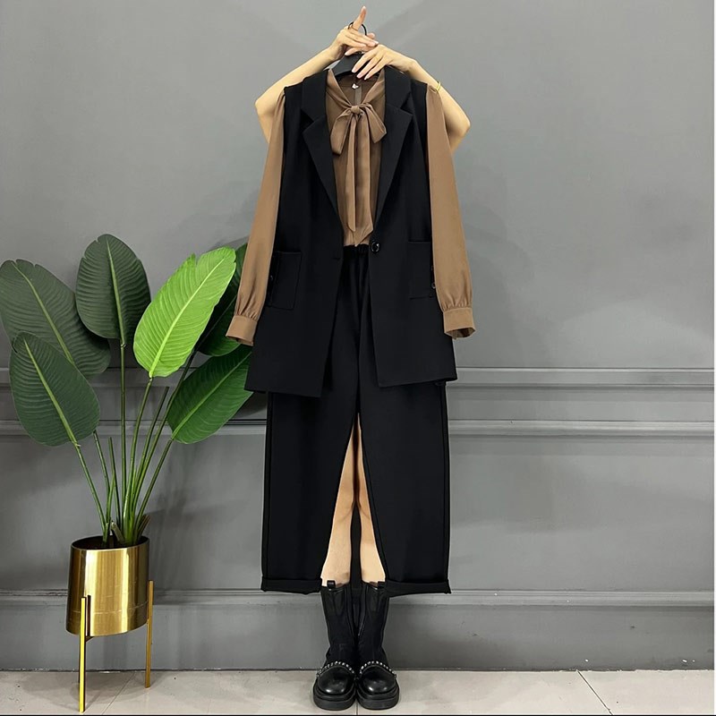 加肥一粒扣马甲领系带衬衫长裤三件套胖MM职业OL时尚气质显瘦套装