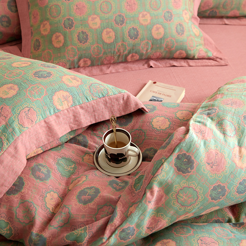 A类全棉纯棉双层纱母婴级四件套裸睡床单民宿复古风床上用品被套