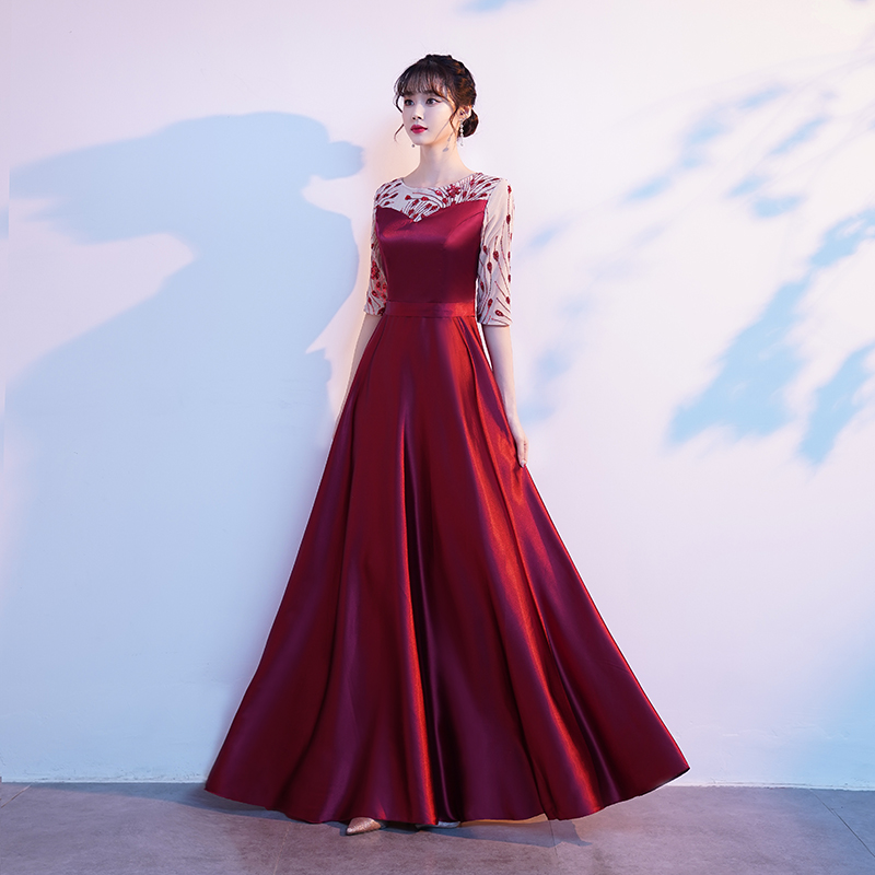 红歌大合唱演出服女长裙中老年比赛主持人诗歌朗诵显瘦宴会礼服裙